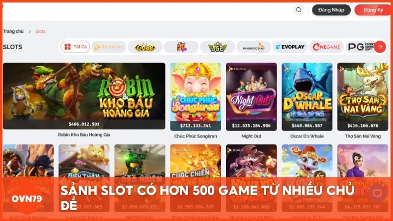 Sảnh slot có hơn 500 game từ nhiều chủ đề: thần thoại, viễn tưởng, phiêu lưu…