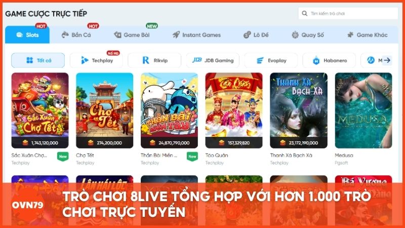 Trò chơi tổng hợp với hơn 1.000 trò chơi trực tuyến: slots, nổ hũ, bắn cá, xổ số,…