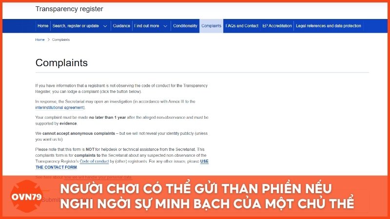 Người chơi có thể gửi than phiền nếu nghi ngời sự minh bạch của một chủ thể