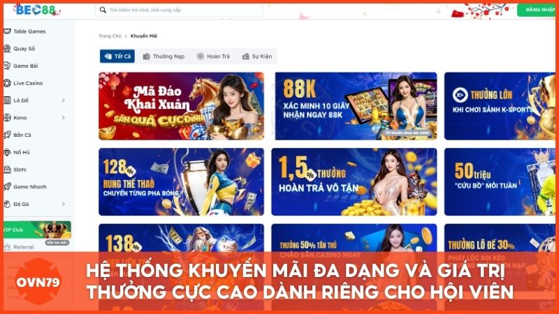 Hệ thống khuyến mãi đa dạng và giá trị thưởng cực cao chỉ dành riêng cho hội viên tại nhà cái uy tín Bec88