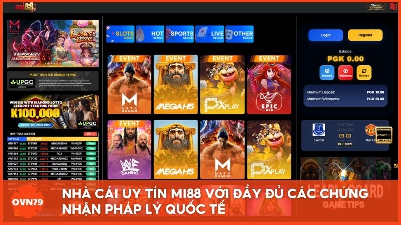 Giao diện trang chủ chuyên nghiệp của nhà cái uy tín Mi88 với đầy đủ các chứng nhận pháp lý quốc tế